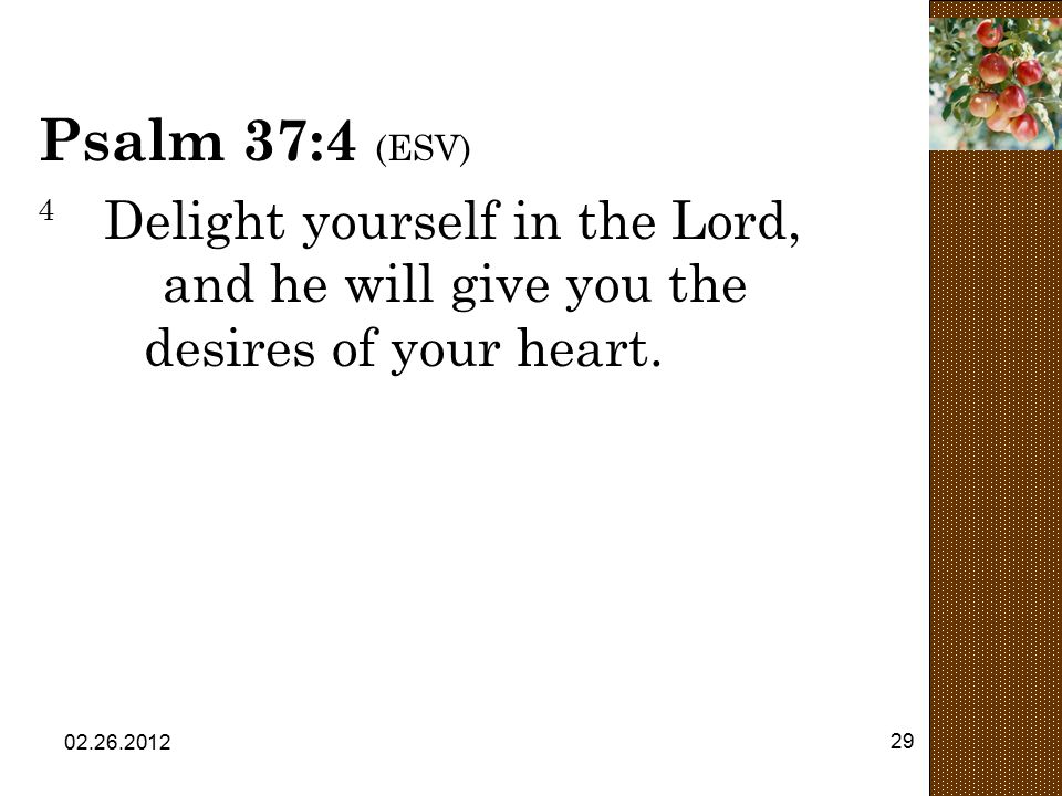Psalm 37:4 (ESV) 4 Delight yourself in the Lord, and he will give you the desires of your heart.