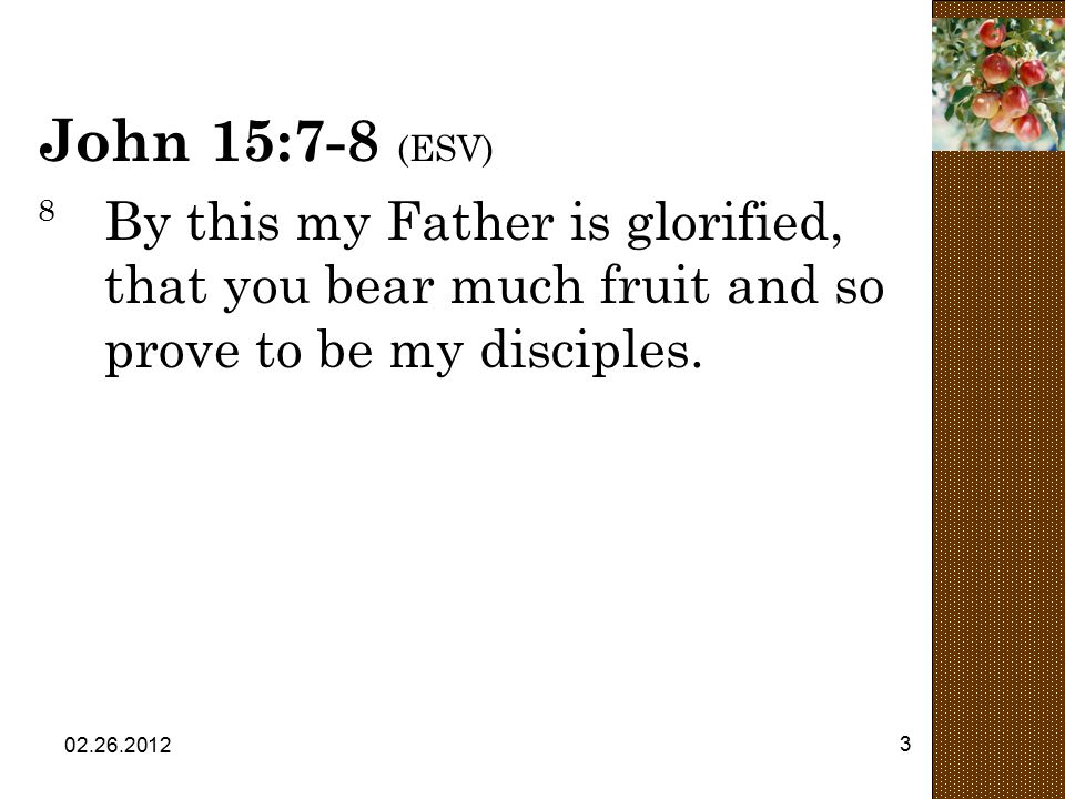 John 15:7-8 (ESV) 8 By this my Father is glorified, that you bear much fruit and so prove to be my disciples.