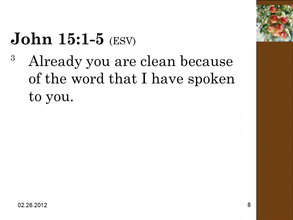 John 15:1-5 (ESV) 3 Already you are clean because of the word that I have spoken to you.
