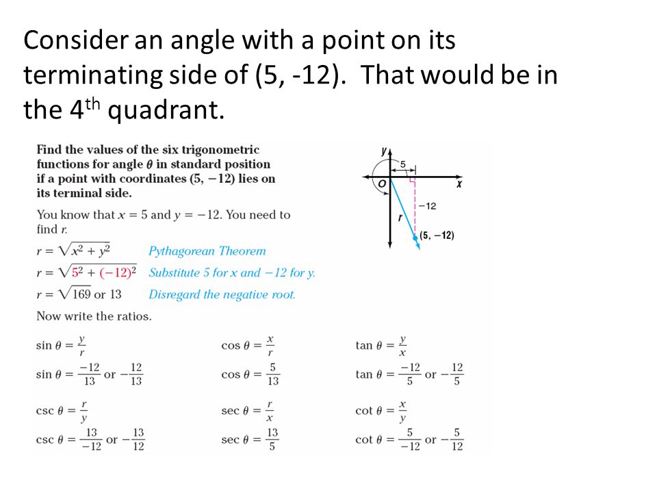 Consider an angle with a point on its terminating side of (5, -12)