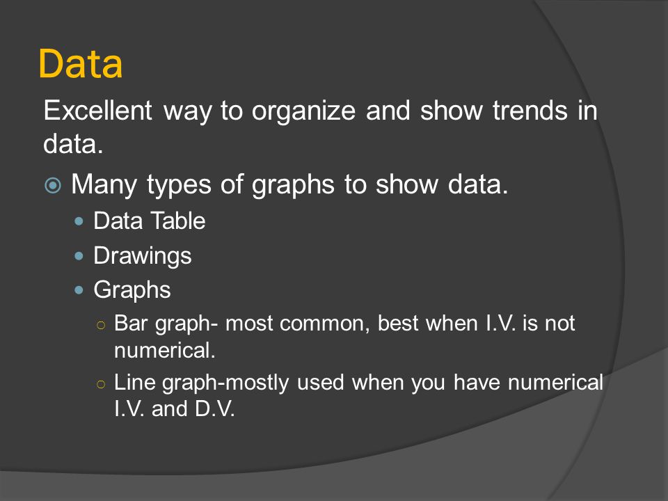 Data Excellent way to organize and show trends in data.