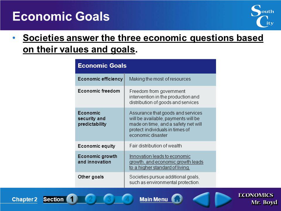 Economic Goals Societies answer the three economic questions based on their values and goals. Economic Goals.