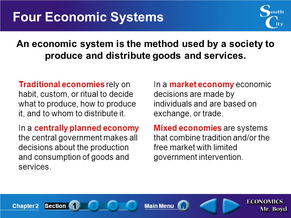 Four Economic Systems An economic system is the method used by a society to produce and distribute goods and services.