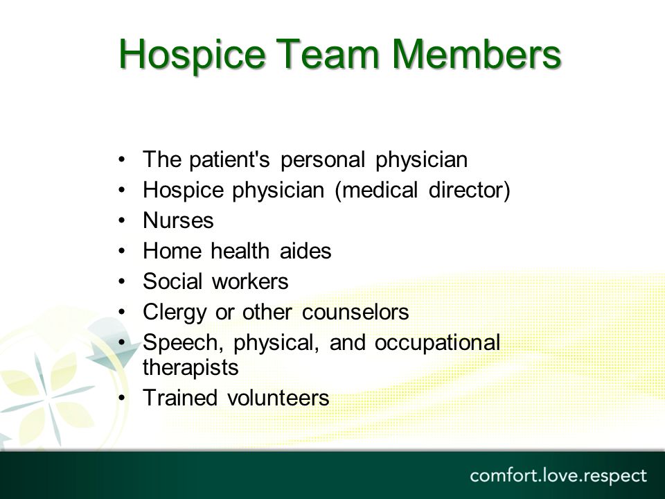 Hospice Team Members The patient s personal physician