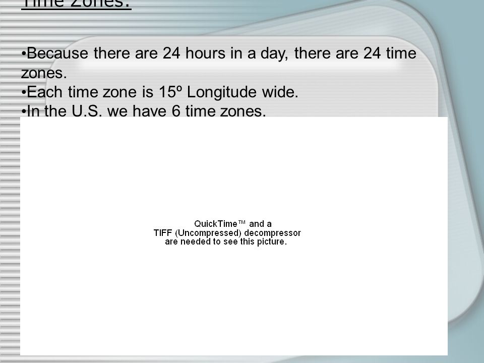 Time Zones: Because there are 24 hours in a day, there are 24 time zones. Each time zone is 15º Longitude wide.