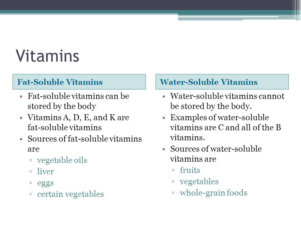 Vitamins Fat-soluble vitamins can be stored by the body