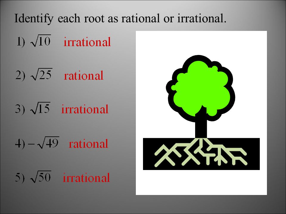 Identify each root as rational or irrational.