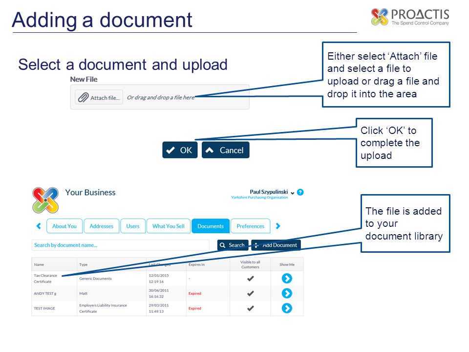 Adding a document Select a document and upload