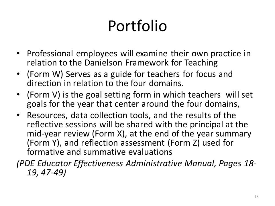 Portfolio Professional employees will examine their own practice in relation to the Danielson Framework for Teaching.