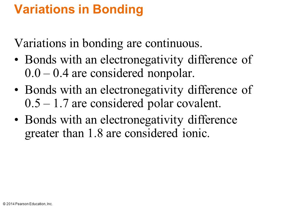 Variations in Bonding Variations in bonding are continuous. Bonds with an electronegativity difference of 0.0 – 0.4 are considered nonpolar.