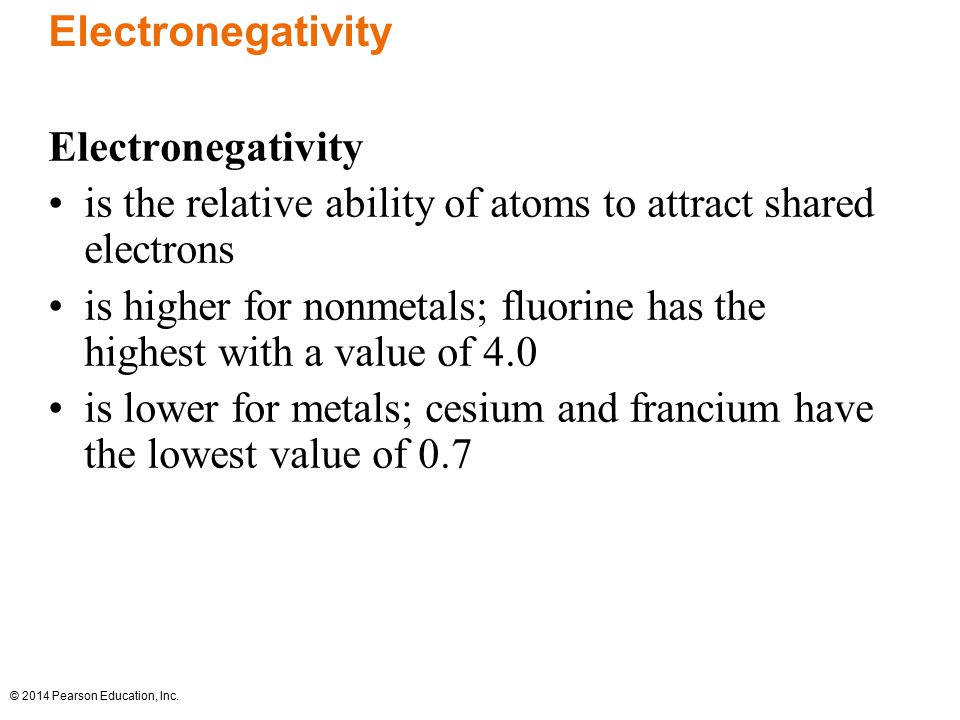 Electronegativity Electronegativity. is the relative ability of atoms to attract shared electrons.