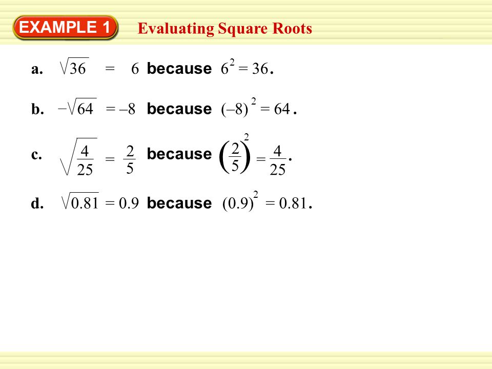 ( ) EXAMPLE 1 Evaluating Square Roots a. 36 = 6 6 because 2 = 36 . b.