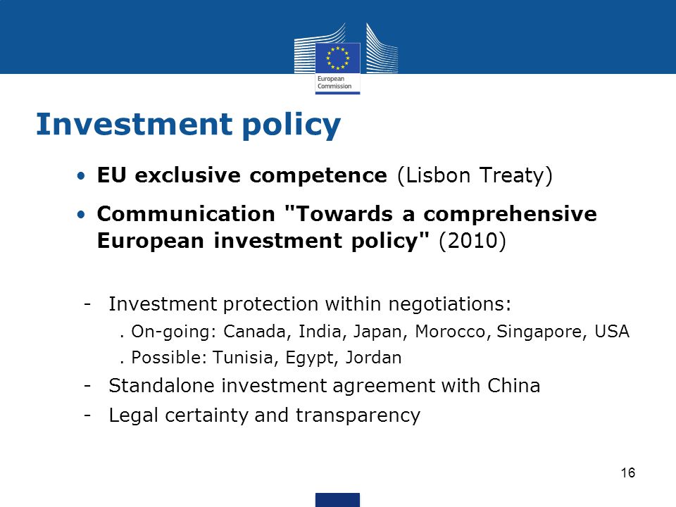 Investment policy EU exclusive competence (Lisbon Treaty)