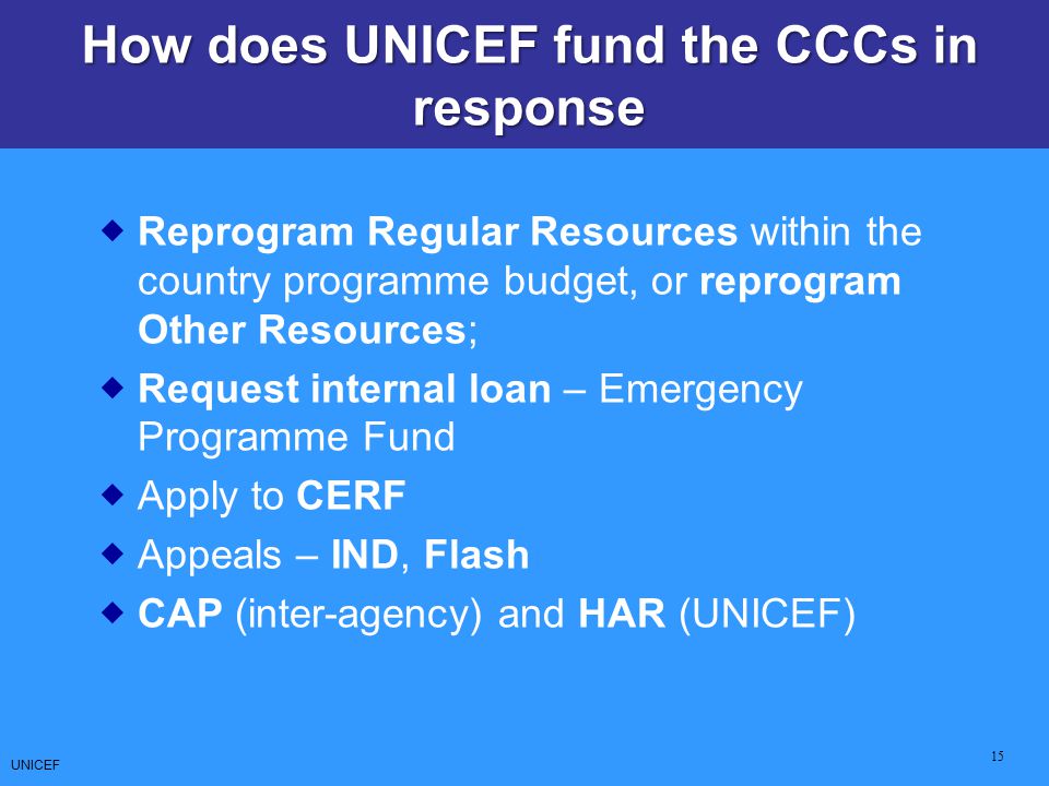 How does UNICEF fund the CCCs in response
