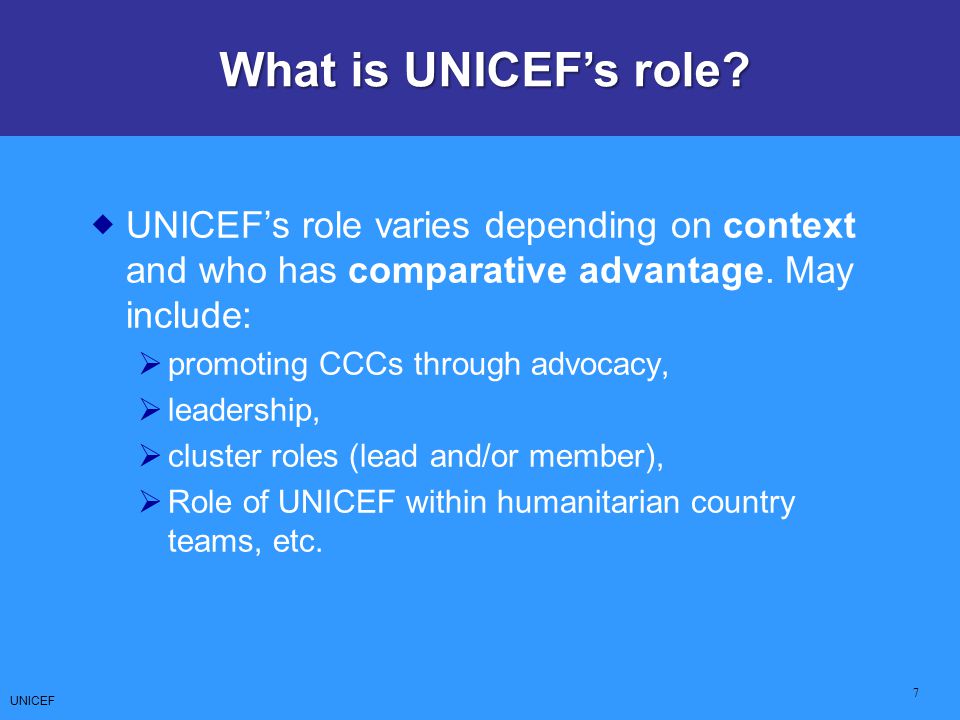 What is UNICEF’s role UNICEF’s role varies depending on context and who has comparative advantage. May include: