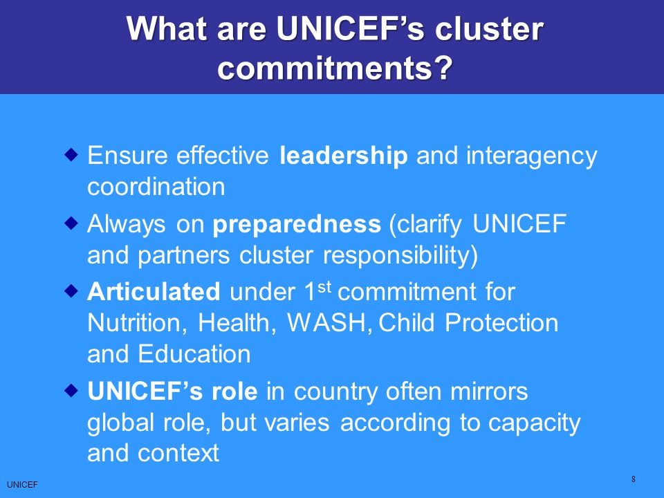What are UNICEF’s cluster commitments