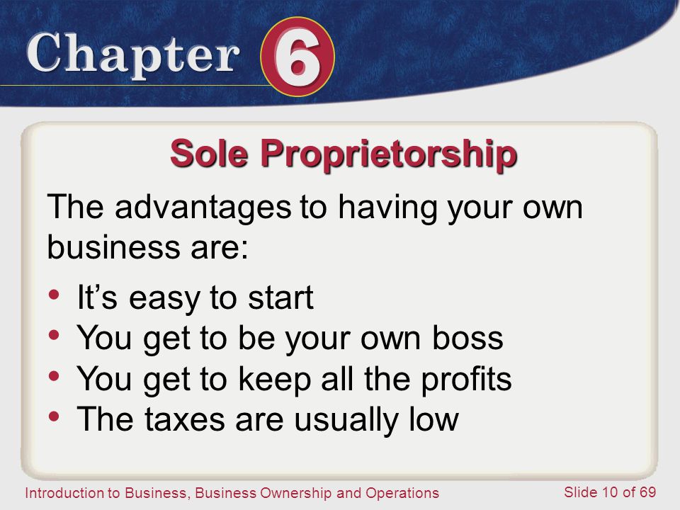 Sole Proprietorship The advantages to having your own business are: