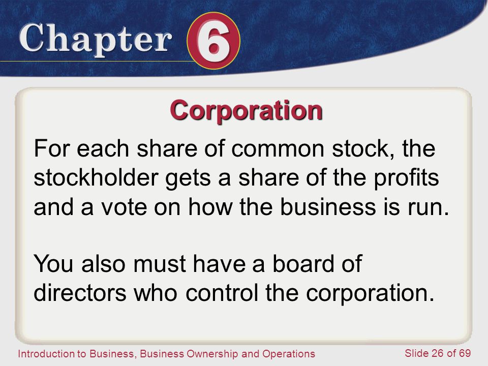 Corporation For each share of common stock, the stockholder gets a share of the profits and a vote on how the business is run.