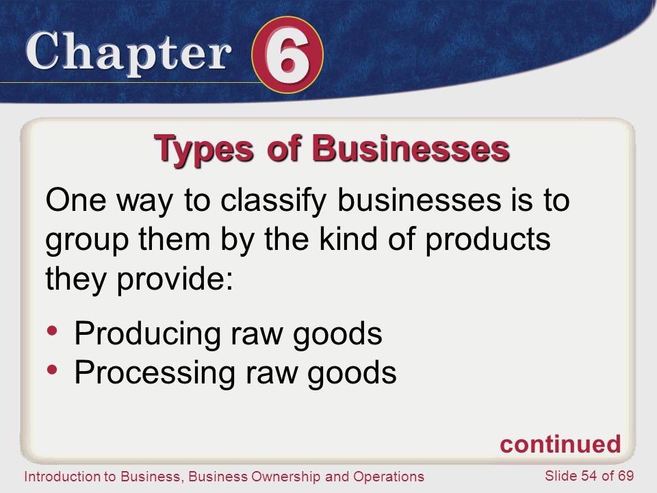 Types of Businesses One way to classify businesses is to group them by the kind of products they provide: