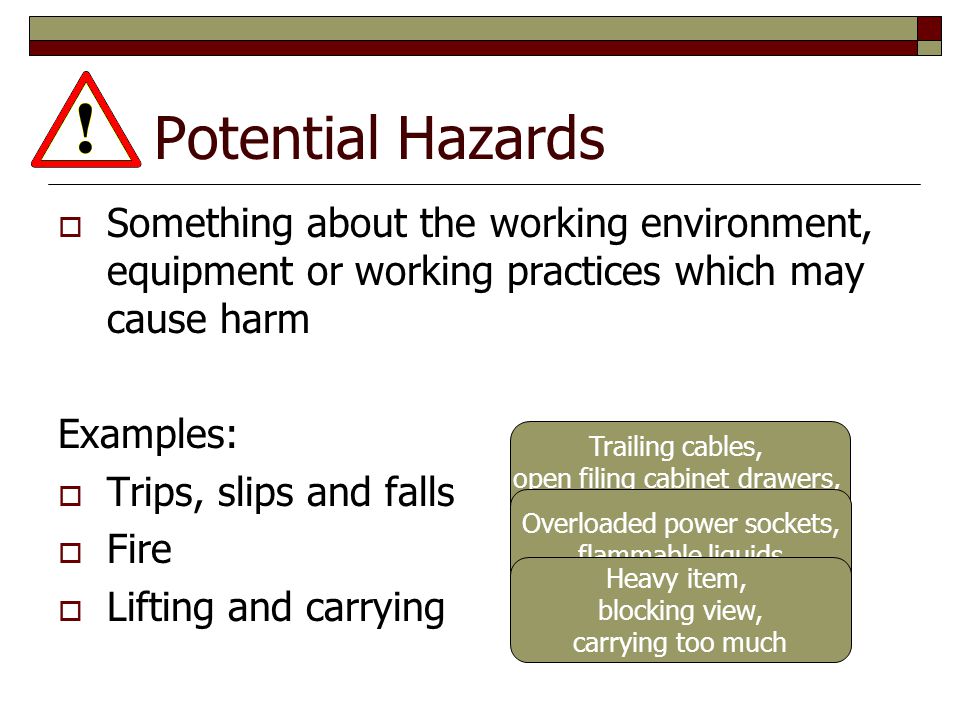 Potential Hazards Something about the working environment, equipment or working practices which may cause harm.