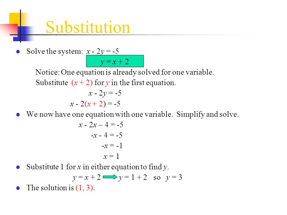 Substitution Solve the system: x - 2y = -5 y = x + 2