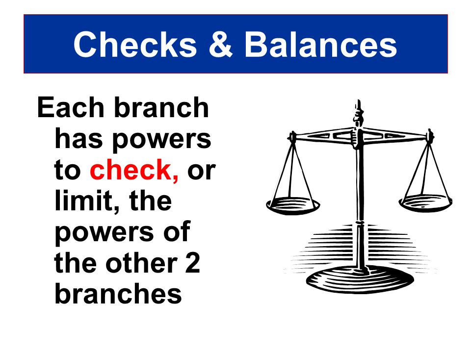 Checks & Balances Each branch has powers to check, or limit, the powers of the other 2 branches