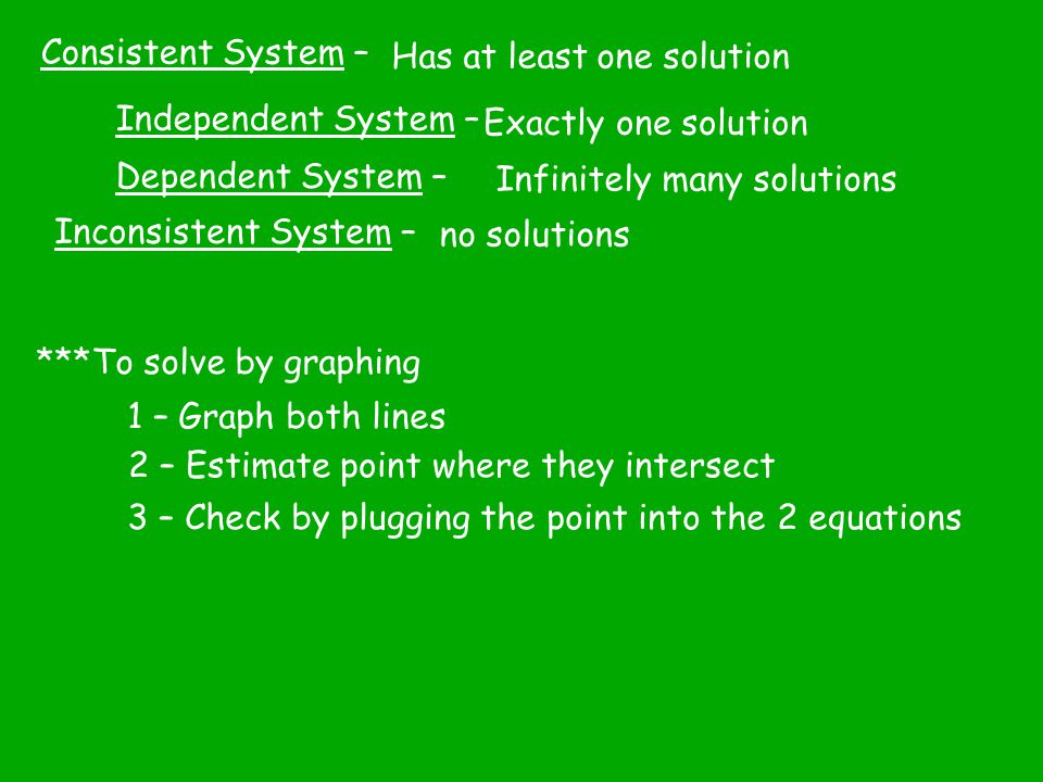 Consistent System – Has at least one solution. Independent System – Exactly one solution. Dependent System –