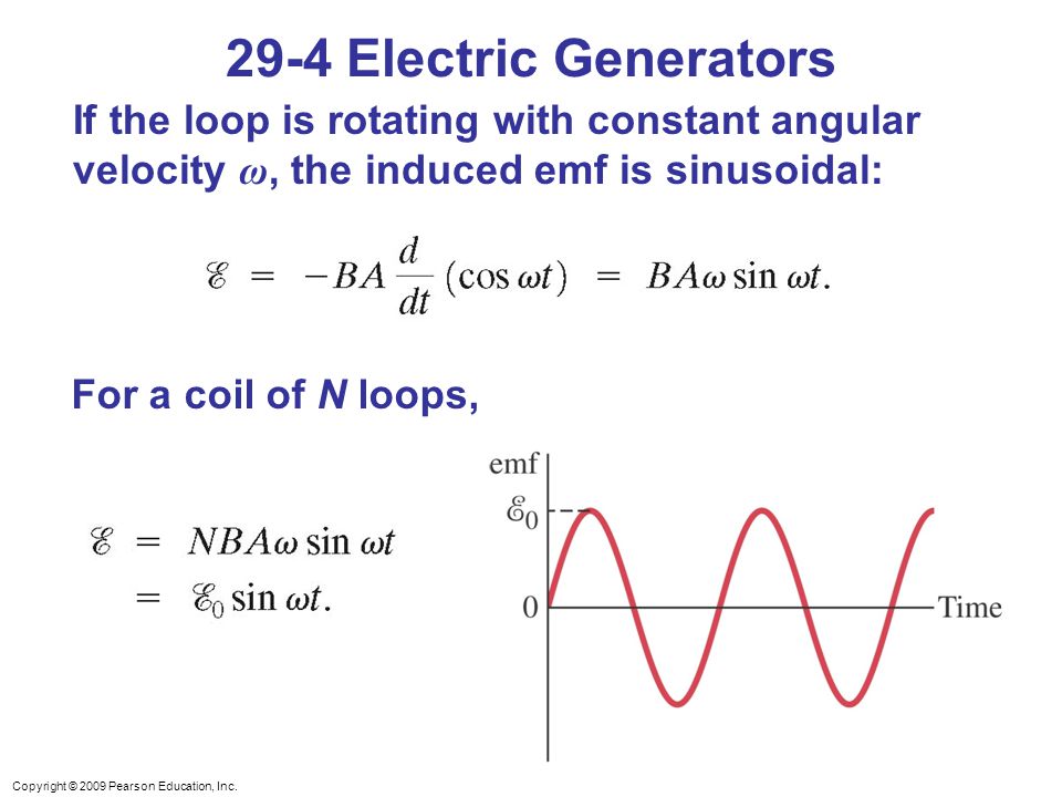 29-4 Electric Generators If the loop is rotating with constant angular velocity ω, the induced emf is sinusoidal: