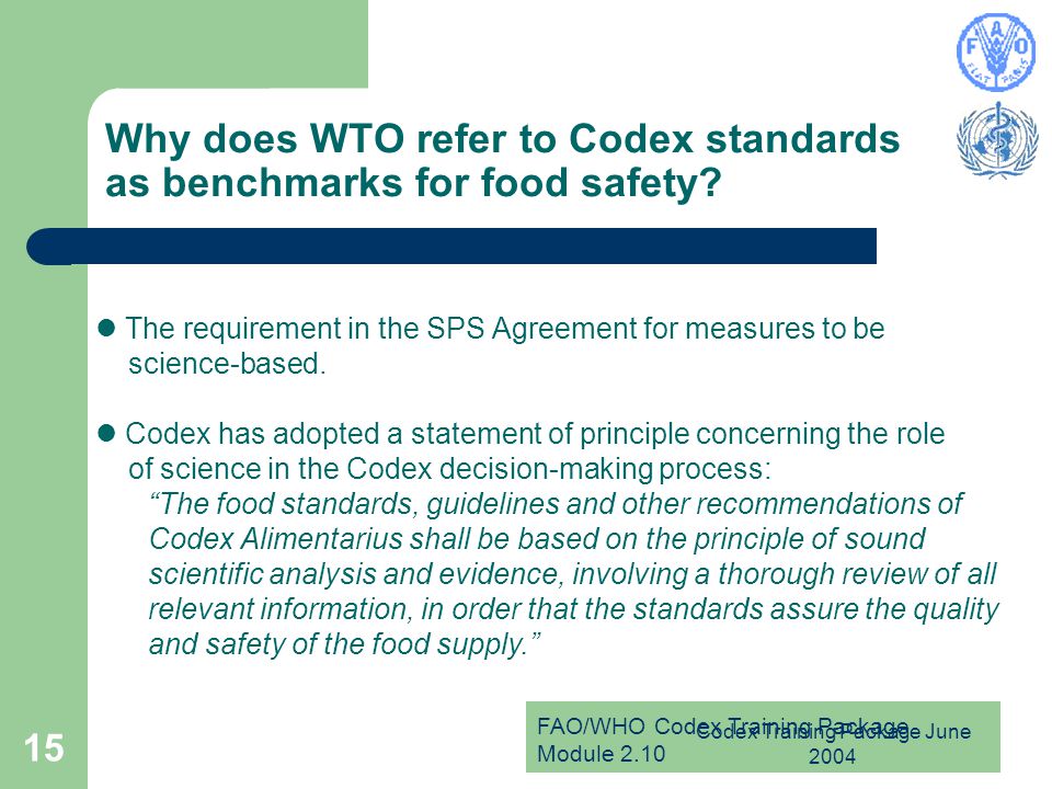 Why does WTO refer to Codex standards as benchmarks for food safety