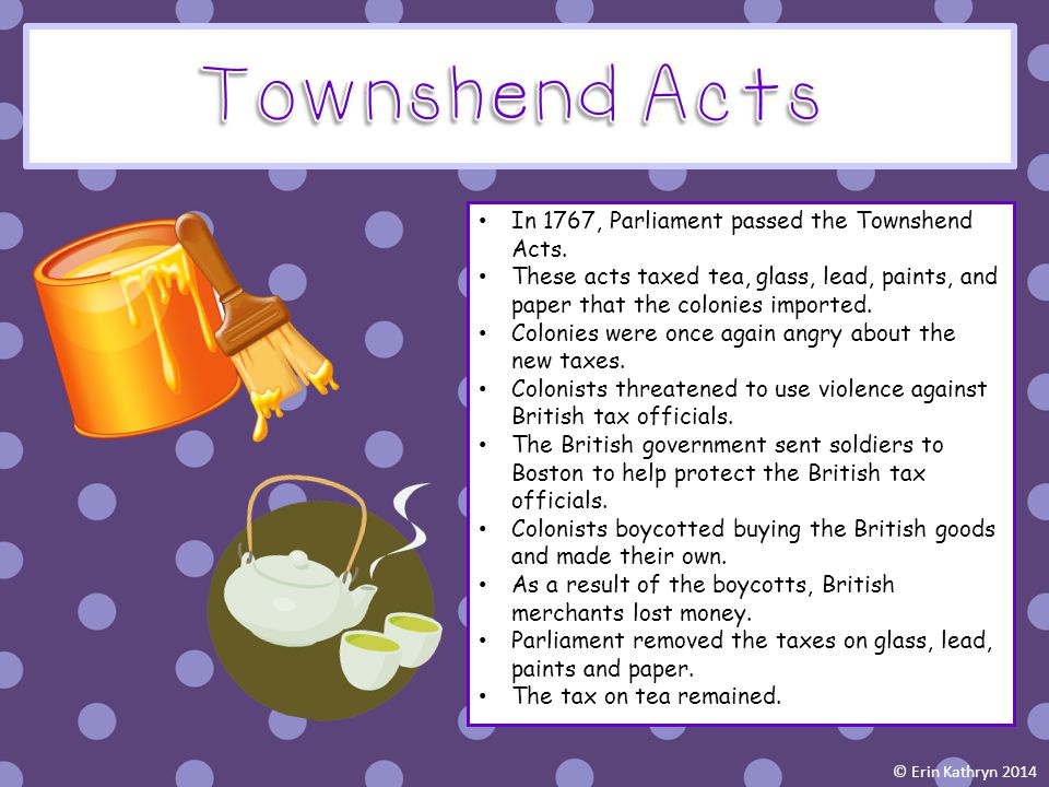 Townshend Acts In 1767, Parliament passed the Townshend Acts.