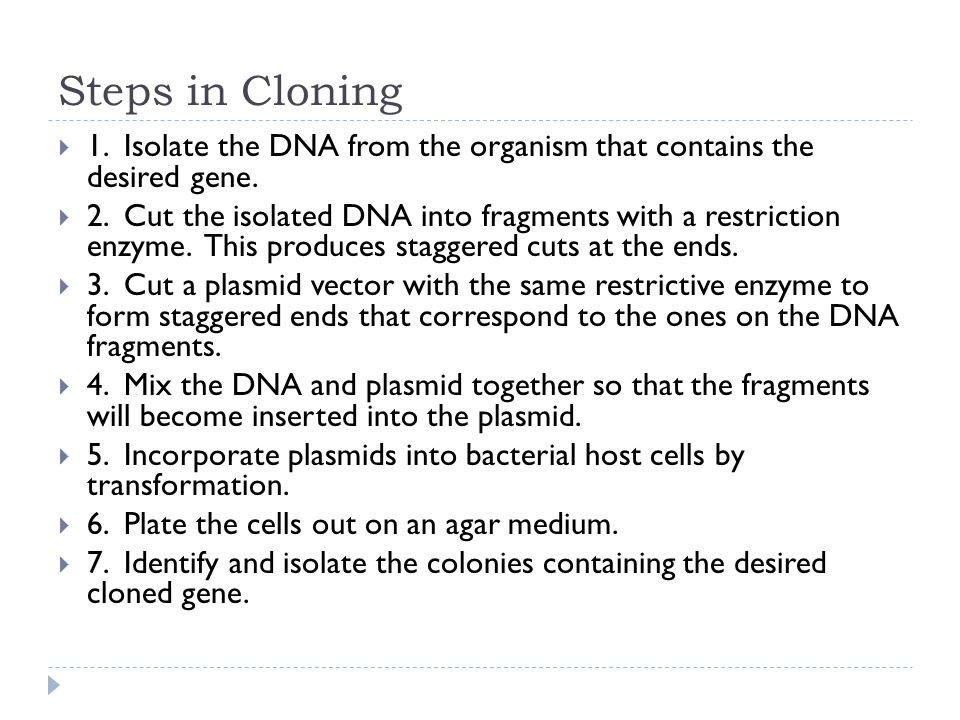Steps in Cloning 1. Isolate the DNA from the organism that contains the desired gene.