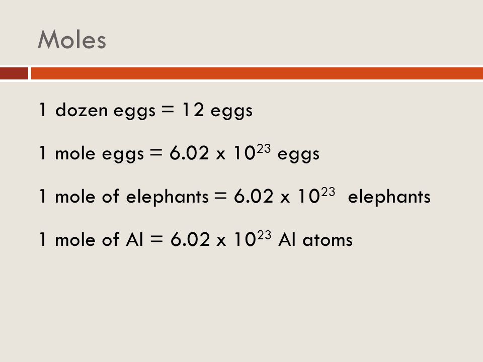 Moles 1 dozen eggs = 12 eggs 1 mole eggs = 6.02 x 1023 eggs 1 mole of elephants = 6.02 x 1023 elephants 1 mole of Al = 6.02 x 1023 Al atoms