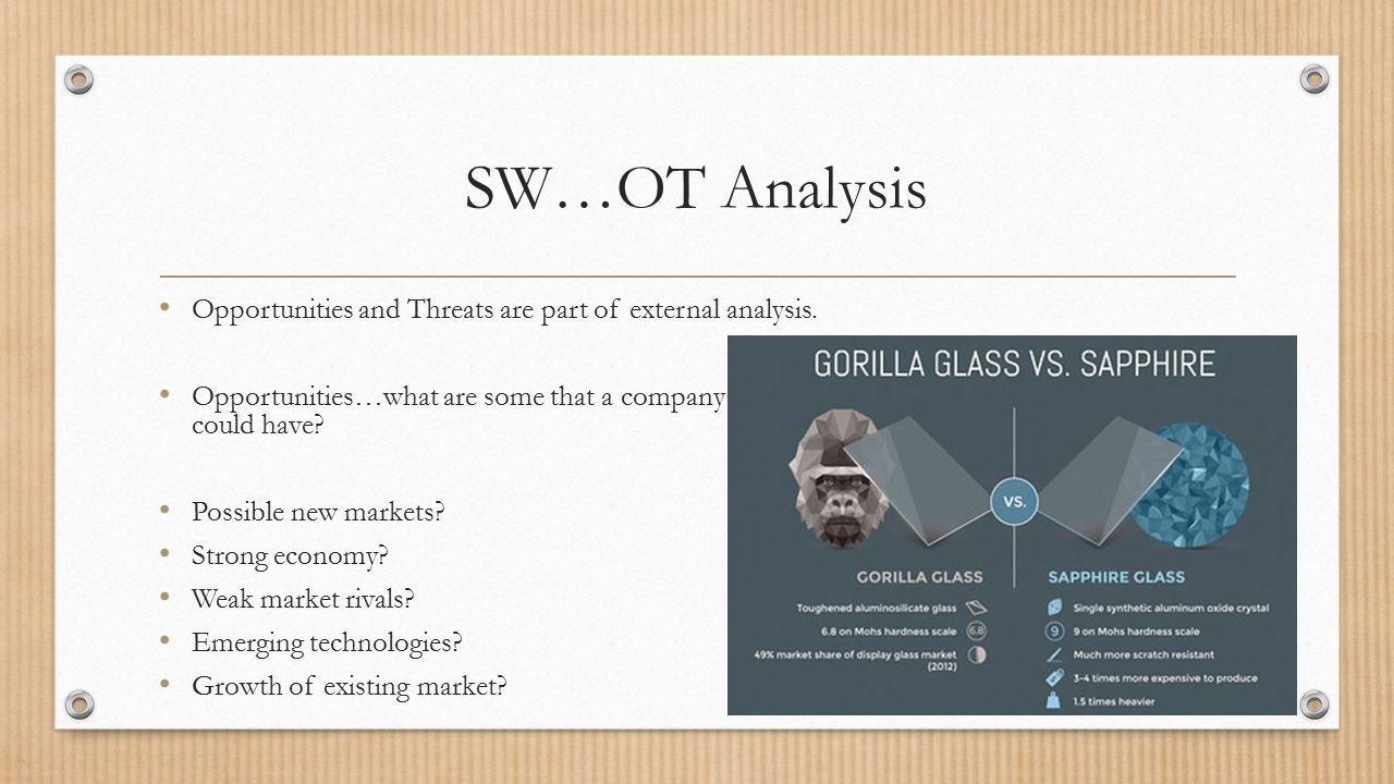 SW…OT Analysis Opportunities and Threats are part of external analysis. Opportunities…what are some that a company could have