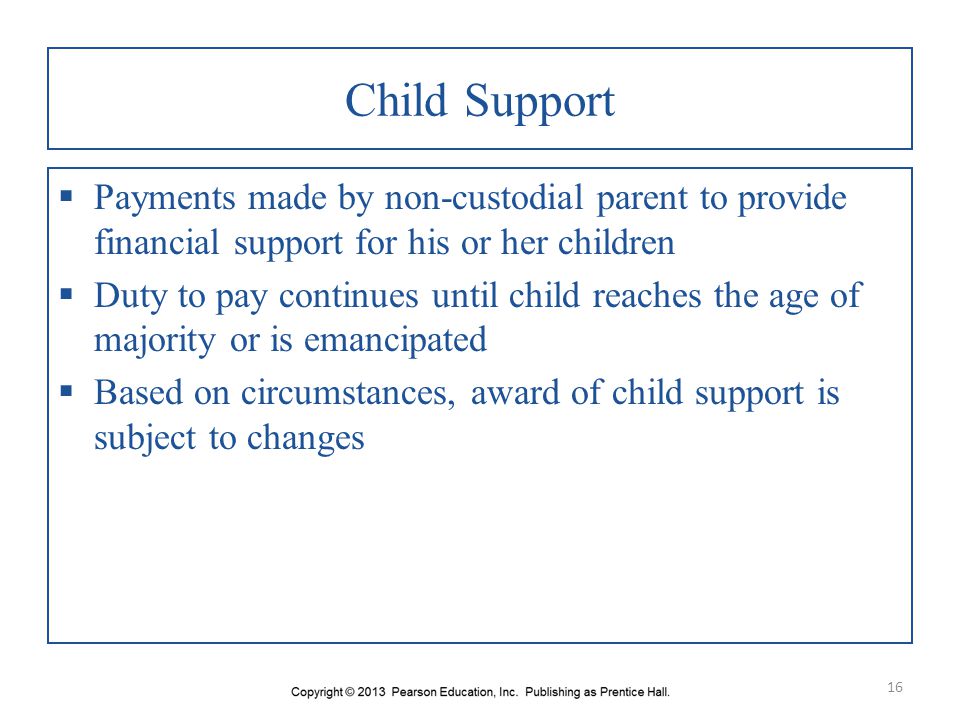 Child Support Payments made by non-custodial parent to provide financial support for his or her children.