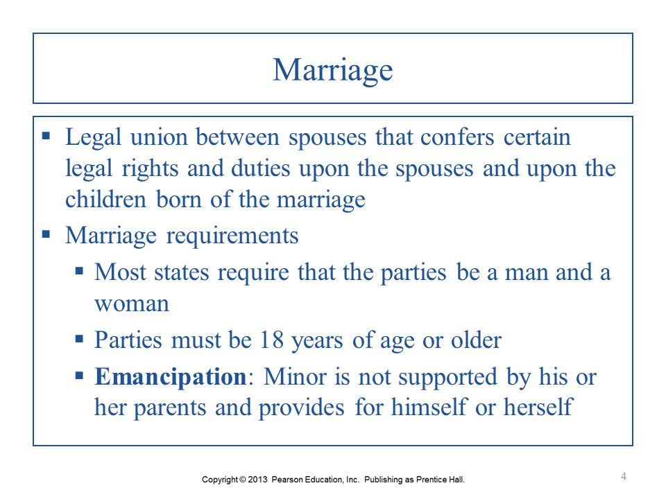 Marriage Legal union between spouses that confers certain legal rights and duties upon the spouses and upon the children born of the marriage.