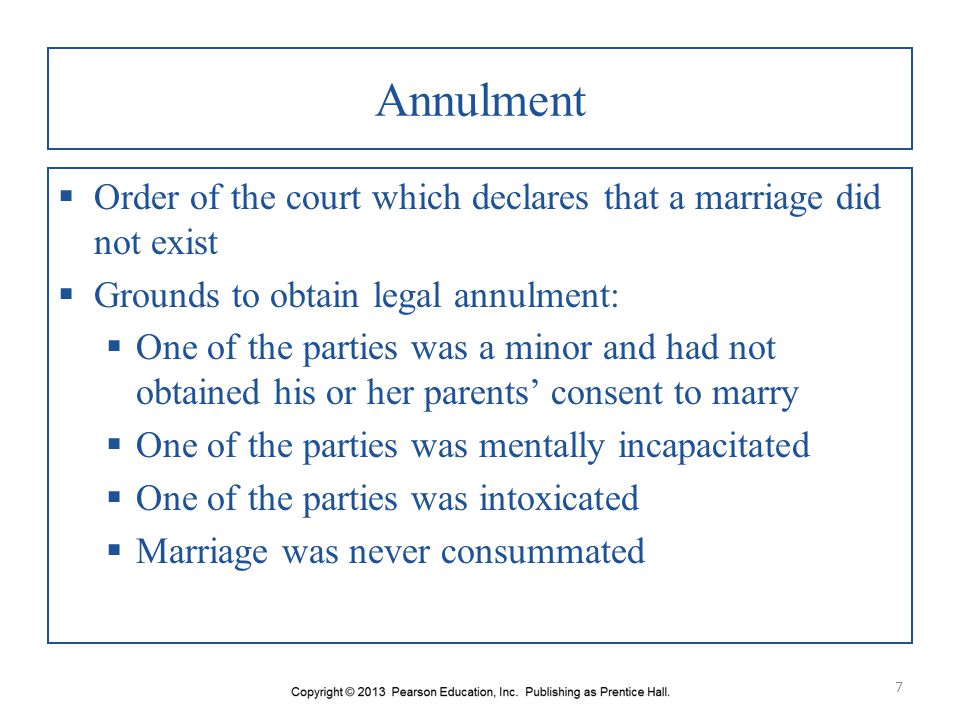 Annulment Order of the court which declares that a marriage did not exist. Grounds to obtain legal annulment: