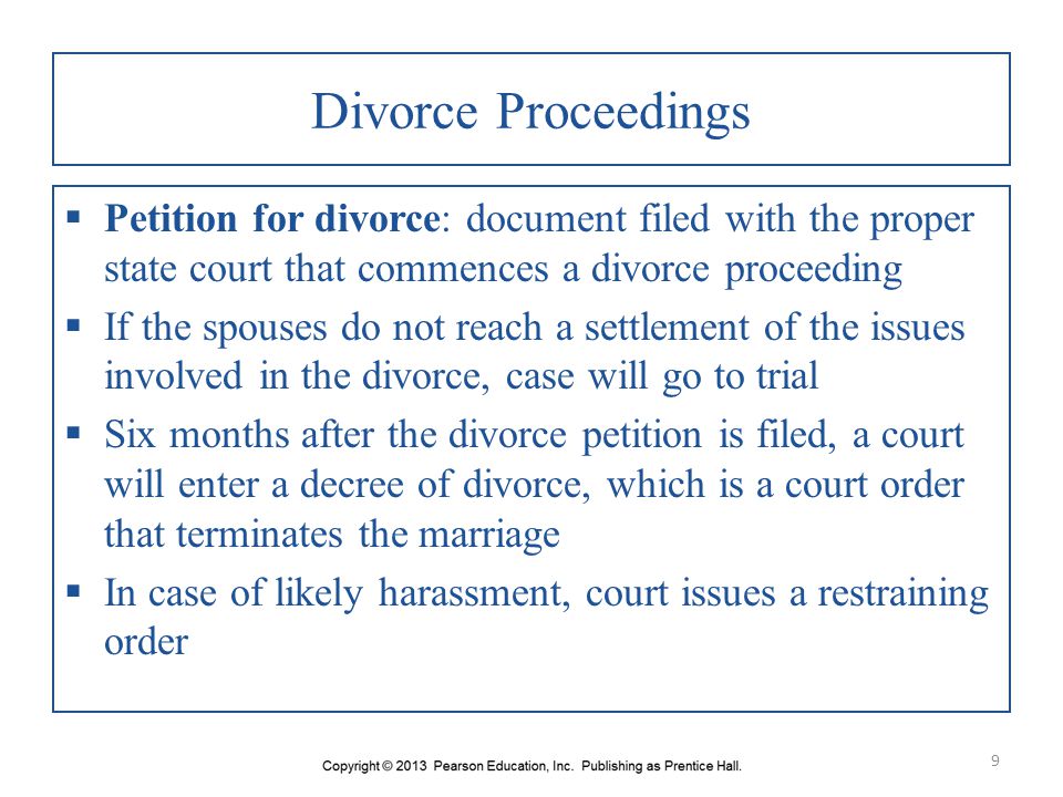 Divorce Proceedings Petition for divorce: document filed with the proper state court that commences a divorce proceeding.
