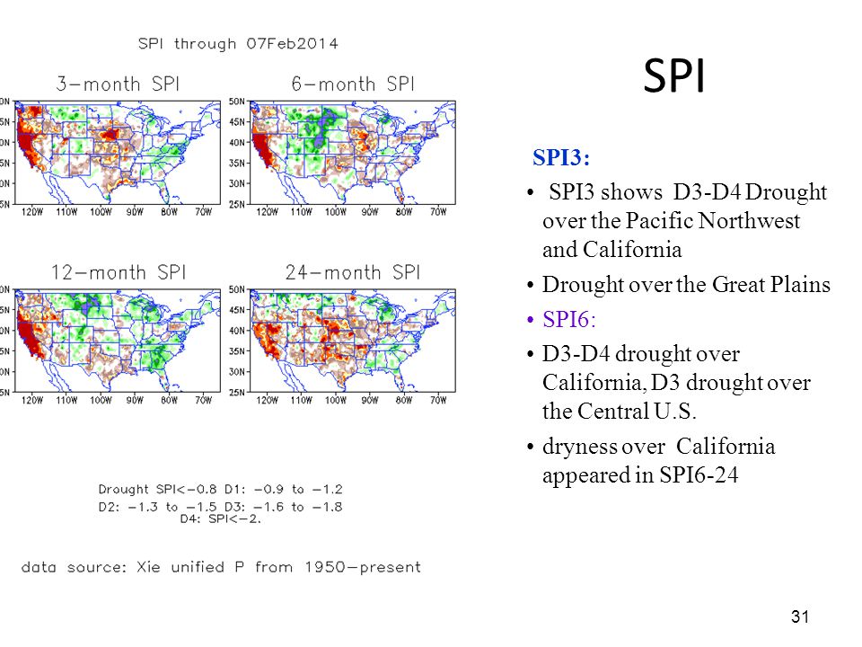 SPI SPI3: SPI3 shows D3-D4 Drought over the Pacific Northwest and California. Drought over the Great Plains.