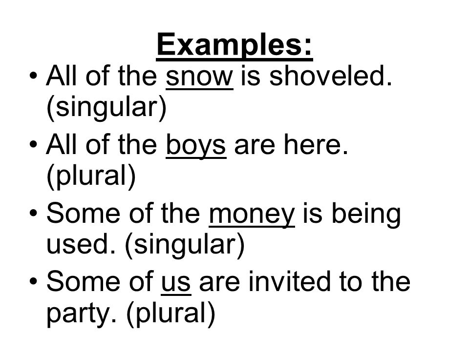 Examples: All of the snow is shoveled. (singular)