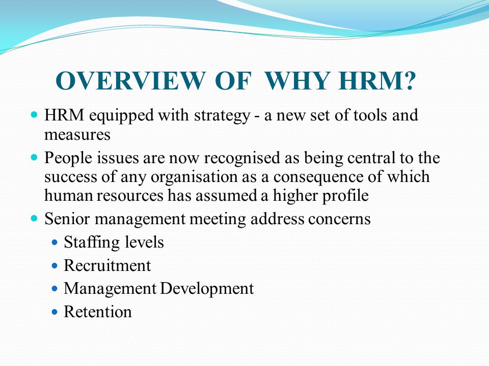 OVERVIEW OF WHY HRM HRM equipped with strategy - a new set of tools and measures.