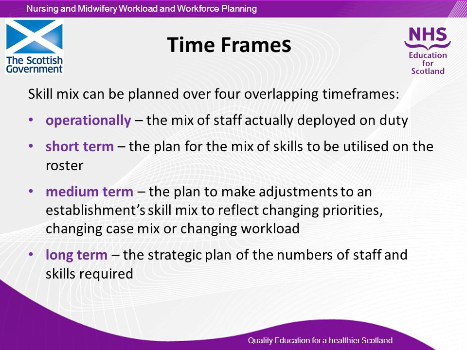 Time Frames Skill mix can be planned over four overlapping timeframes: