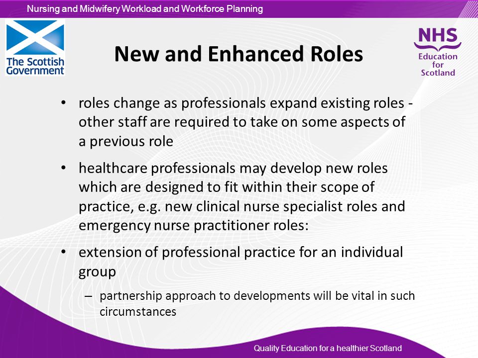 New and Enhanced Roles roles change as professionals expand existing roles - other staff are required to take on some aspects of a previous role.