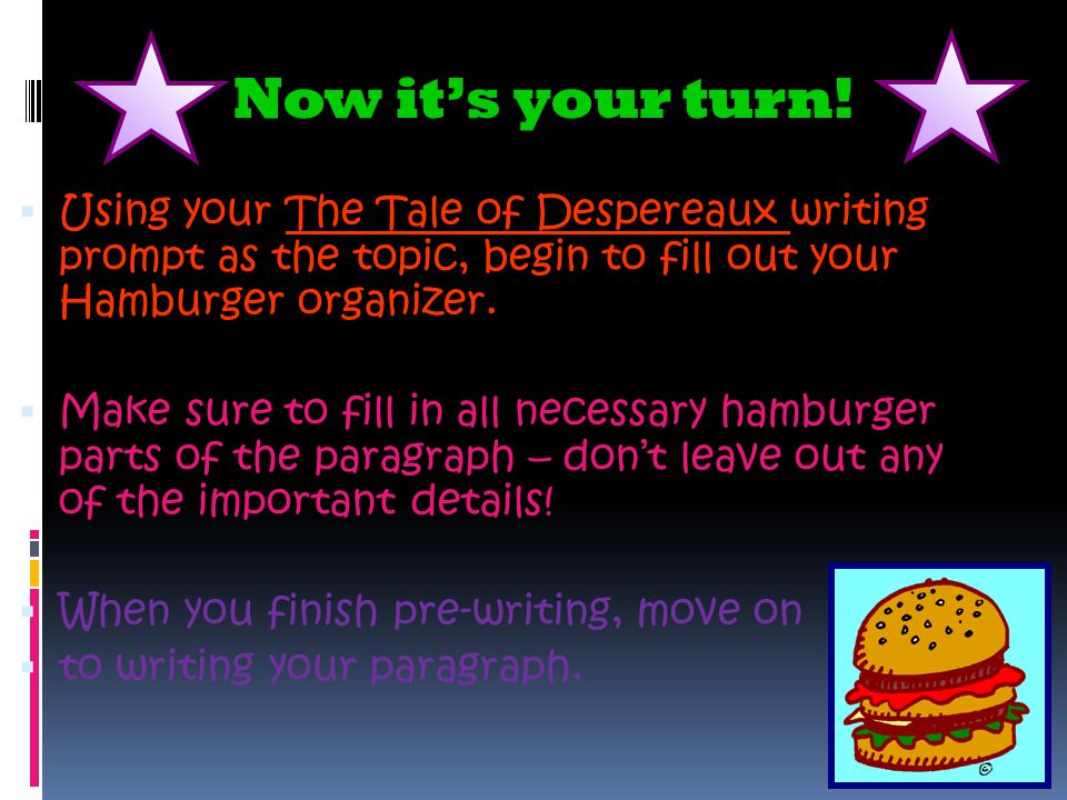 Now it’s your turn! Using your The Tale of Despereaux writing prompt as the topic, begin to fill out your Hamburger organizer.