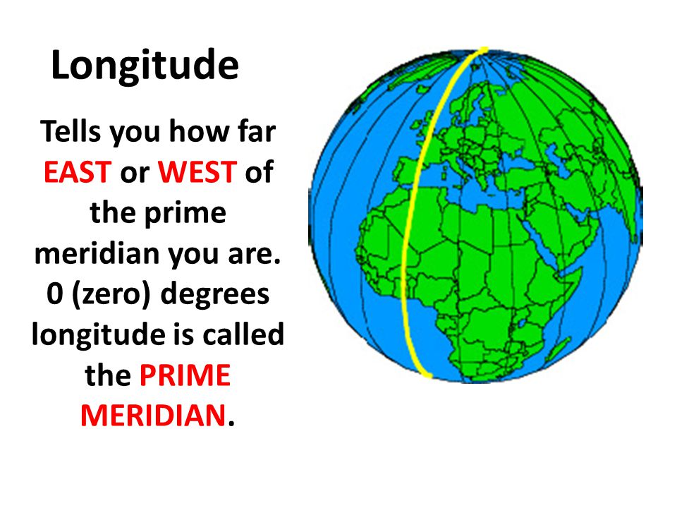 Longitude Tells you how far EAST or WEST of the prime meridian you are.