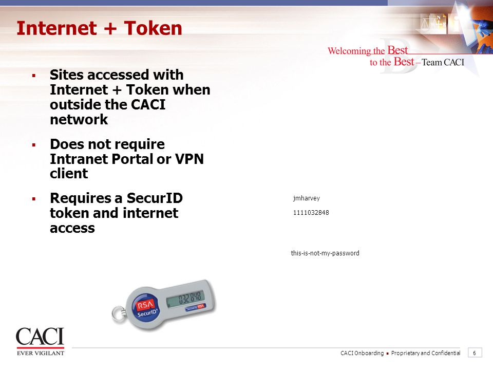 Internet + Token Sites accessed with Internet + Token when outside the CACI network. Does not require Intranet Portal or VPN client.