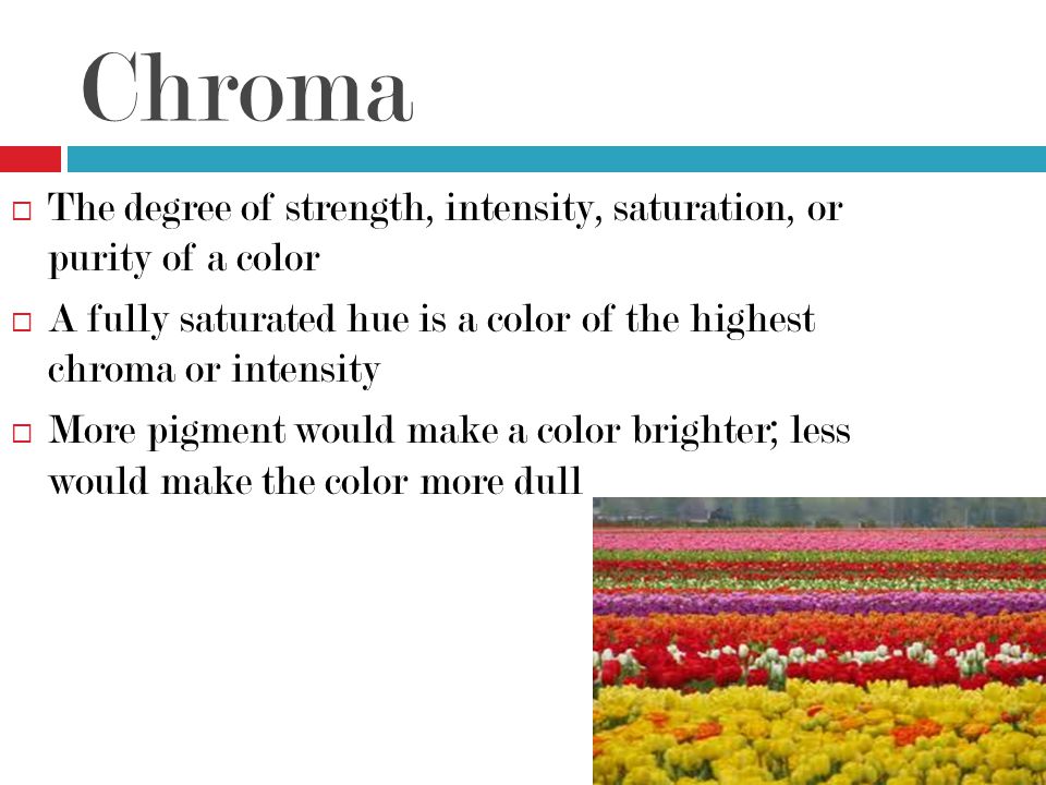 Chroma The degree of strength, intensity, saturation, or purity of a color. A fully saturated hue is a color of the highest chroma or intensity.