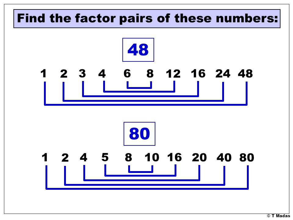 48 80 Find the factor pairs of these numbers: