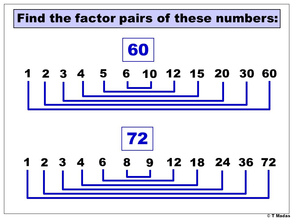 60 72 Find the factor pairs of these numbers:
