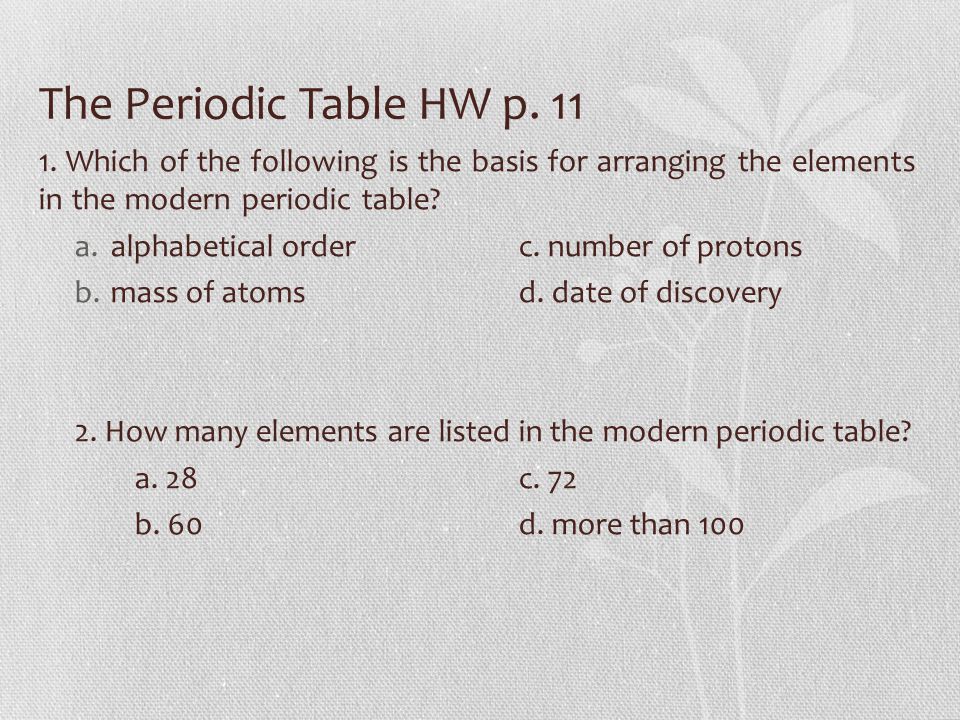 The Periodic Table HW p Which of the following is the basis for arranging the elements in the modern periodic table