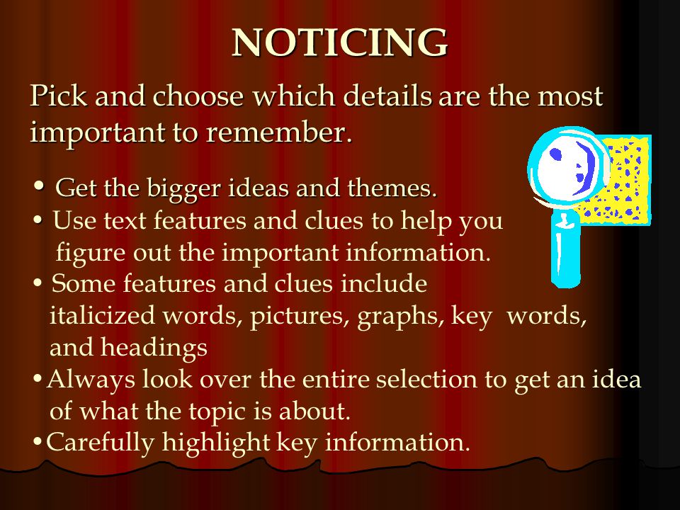 NOTICING Pick and choose which details are the most important to remember. Get the bigger ideas and themes.